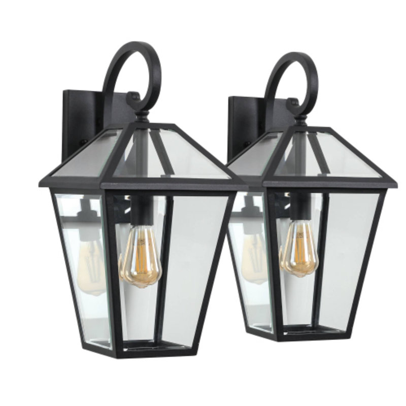 Ensemble de 2 lanternes murales extérieures noires de 10 po, applique en verre transparent résistant aux intempéries pour l'entrée de garage de patio