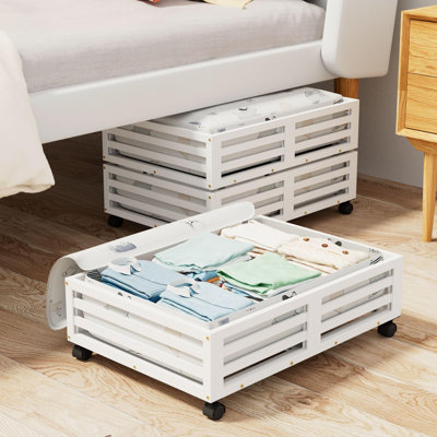 Bamboo Under Bed Storage Containers,Underbed Organizer With Wheels With Large Capacity Dust Bag,2 Packs (White)