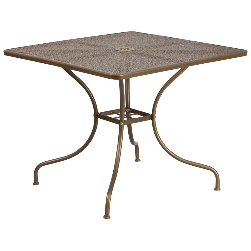 Commercial Grade 35.5" Square Indoor-Outdoor Steel Patio Table with Umbrella Hole, Gold