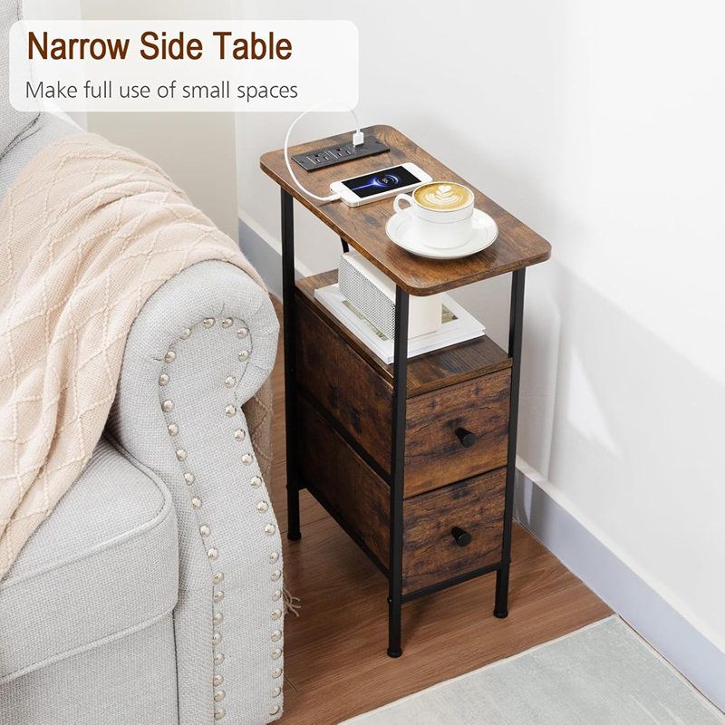 Set Of 2 Slim Nightstands With Charging Station, Skinny Side Tables, Rustic Brown