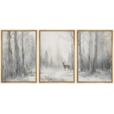 Winter Snowy Forest Deer Landscape Artwork, Bedroom Pictures, Framed Canvas Giclee Print 3 Pieces Wall Art - 16"x24"x3pcs, 24"x36"x3pcs