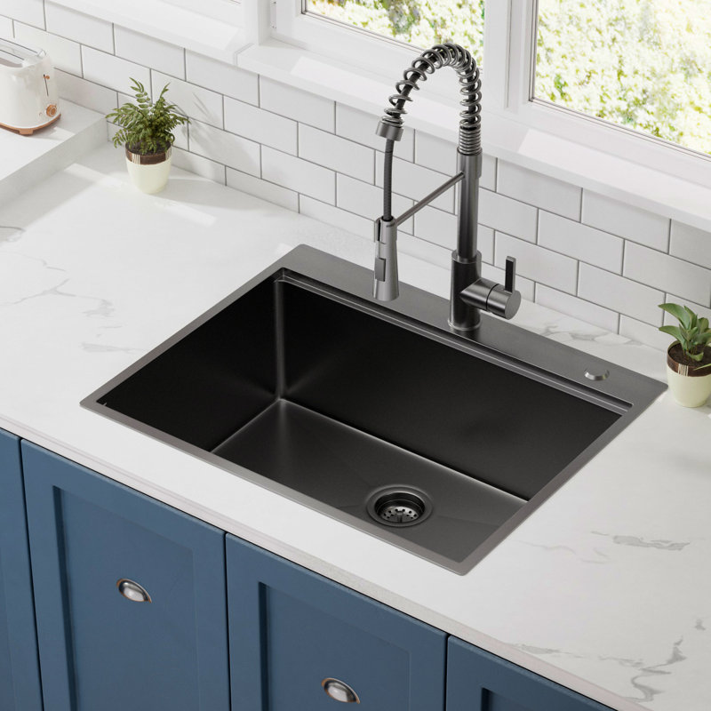 Single Bowl Stainless Steel Kitchen Sink, 18-Gauge, Black
