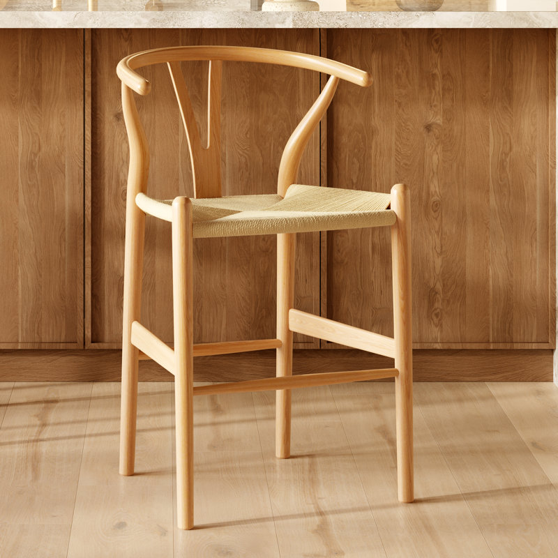  Tabouret de comptoir en bois massif avec assise tissée, Naturel