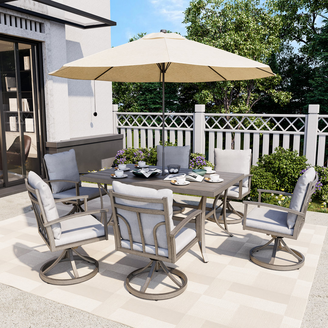 Freada 6 - Person Metal Patio Dining Set with Rectangular Table , Cushions Included Red Barrel Studio®