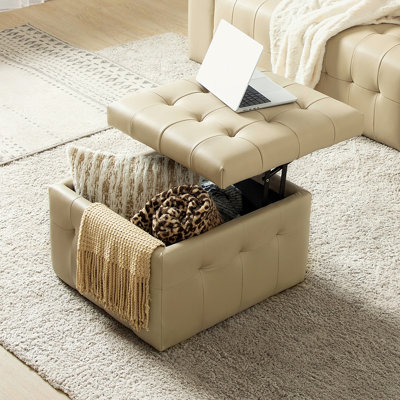 Brezlynn 24" Wide Genuine Leather Tufted Standard Ottoman with Storage