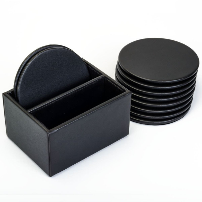 Leather 10 Piece Coaster Set With Holder, Black