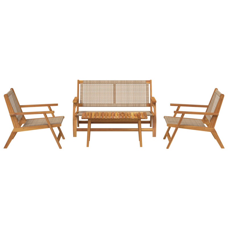 Set Of 3 Acacia Wood, Rattan Medium Durable, Beige/Brown