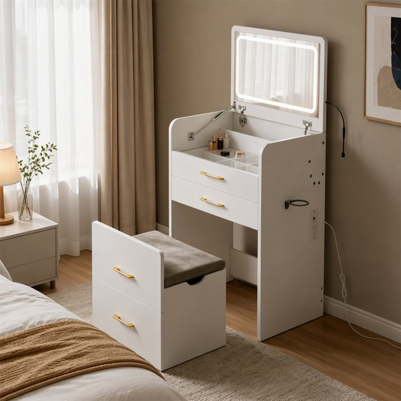 Meuble-lavabo 35 po 3-en-1 à surface de verre avec station de charge et miroir DEL, 3 tiroirs, tabouret rembourré pour l'application de maquillage de chambre à coucher