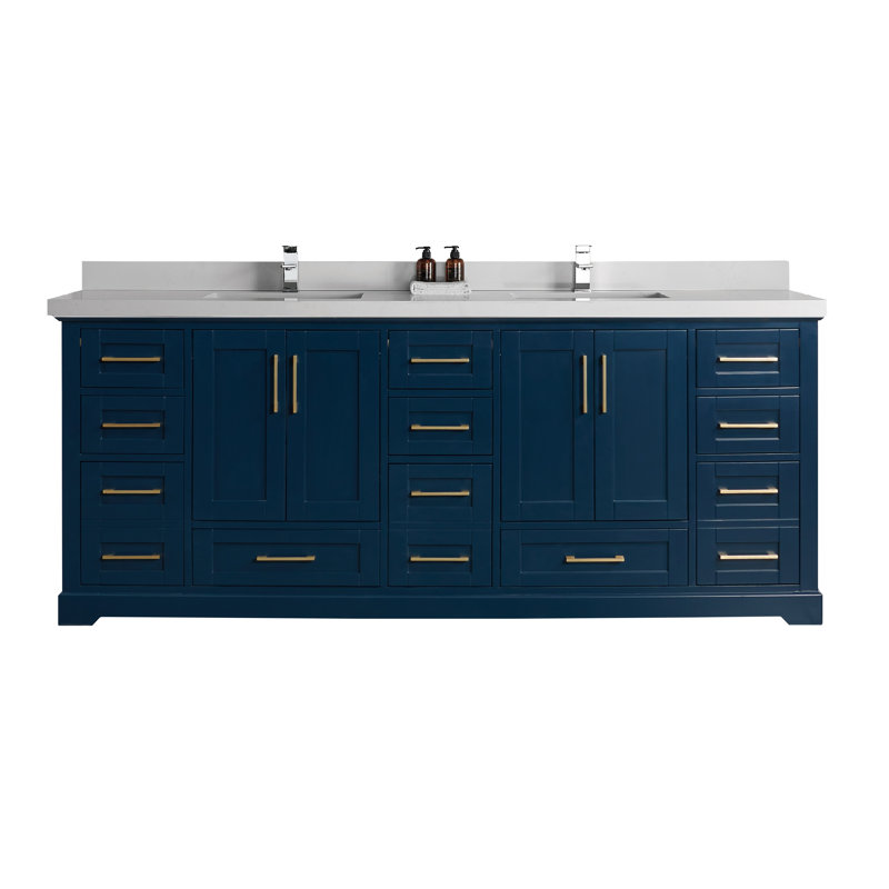 Eser 84'' Double Bathroom Vanity with Top, Straight Carrara Quartz, Navy Blue