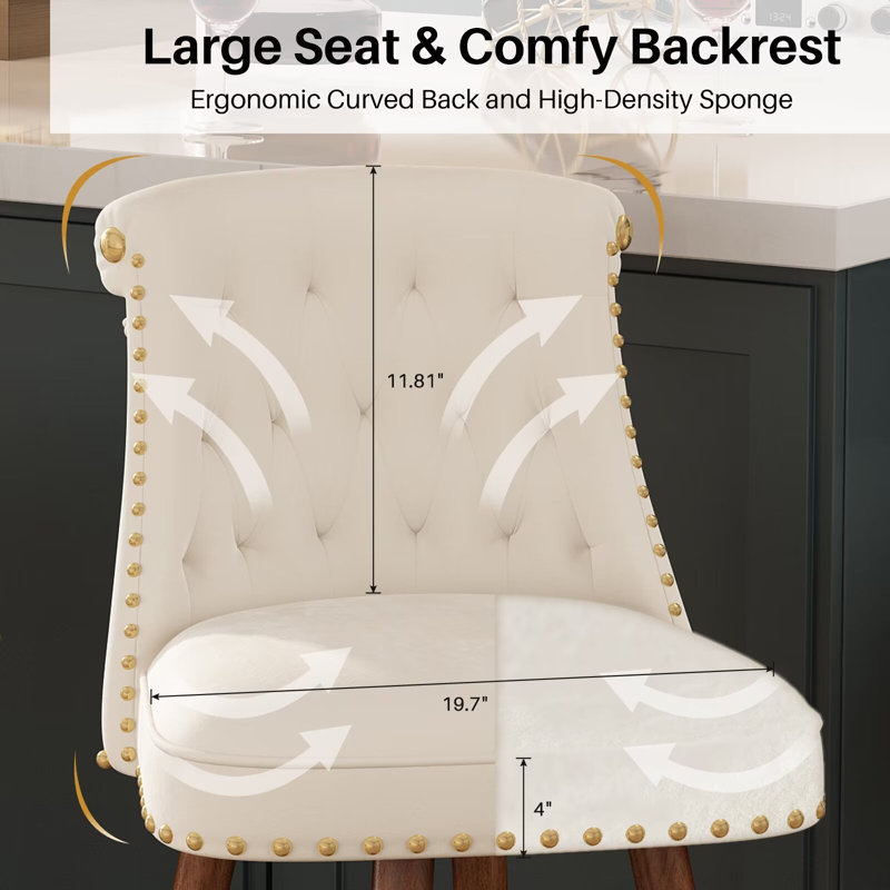 Beige Velvet Upholstered 24" Swivel Counter Stools with Wood Legs