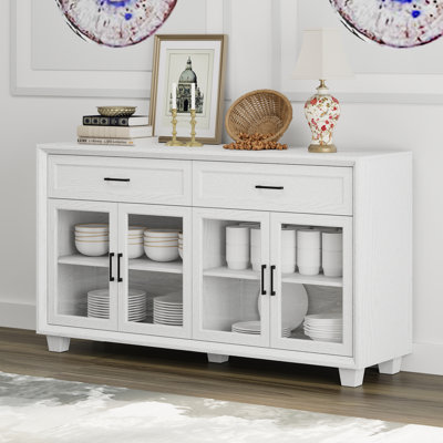 63" Wide Stylish 4-Glass Door China Cabinet With 2 Deep Drawers & Solid Wood Legs