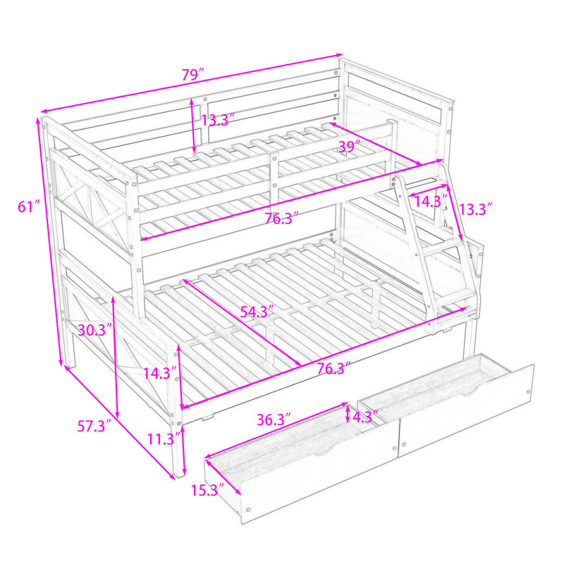 2 Drawers Twin Over Full Bunk Bed With Guardrails, Can Be Split Into 2 Individual Beds, Grey