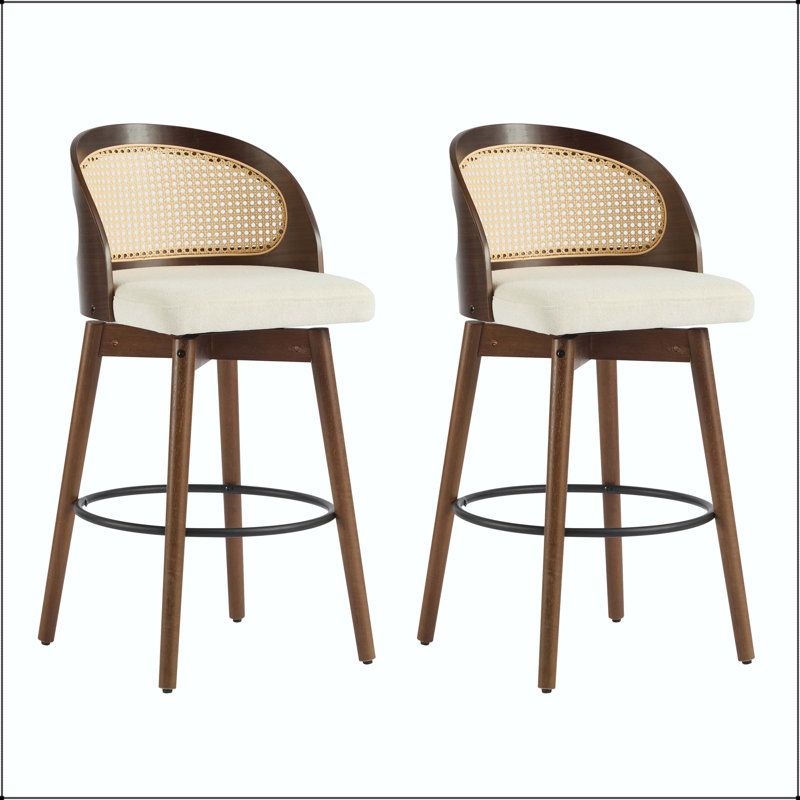 Tabouret de bar en bois - Finition noyer avec coussin beige et dossier en rotin, Beige