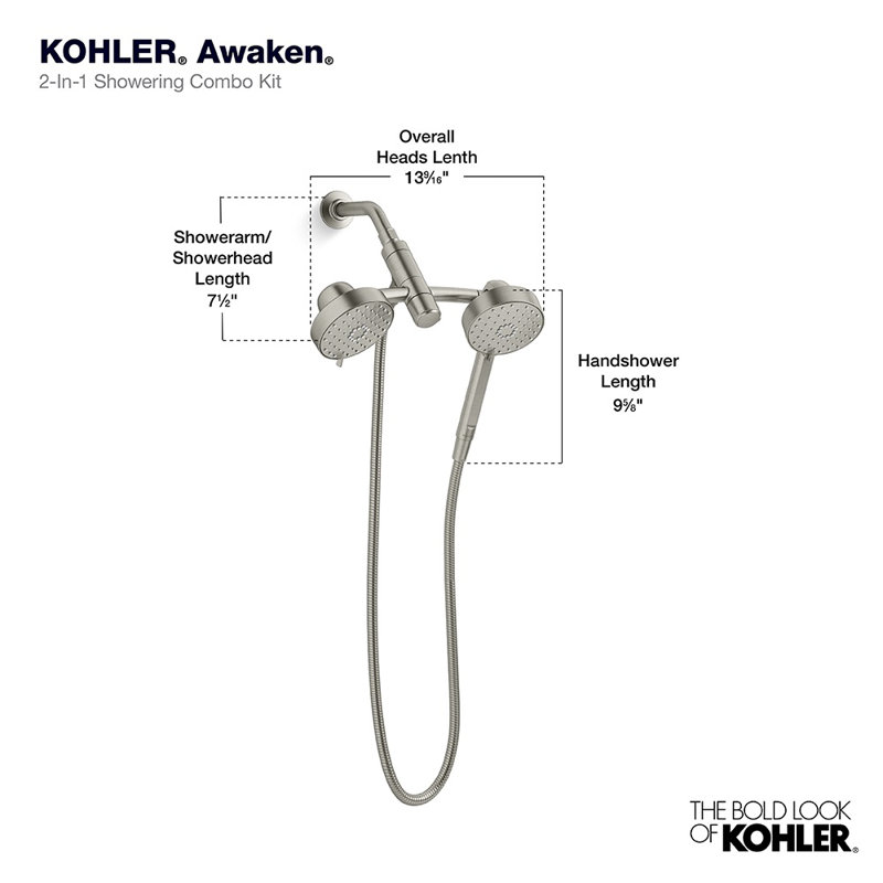 Kohler Awaken 2-In-1 Multifunction 1.75 GPM Shower Combo Kit, Showerhead and Handshower, Three Spray Settings, Chrome