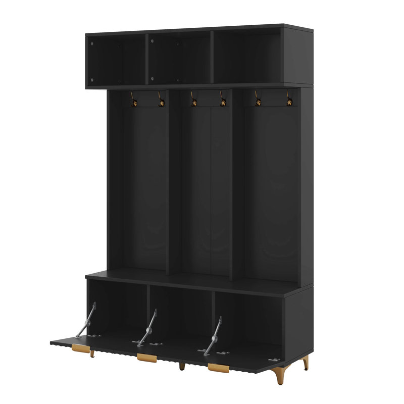 Hall Tree With Bench And Shoe Storage, Entryway Cabinet With High Gloss Fluted Doors And Open Shelves, Coat Rack With 6 Gold Hooks And Legs