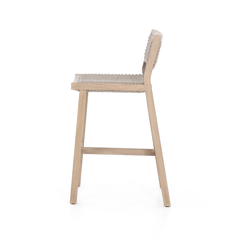 Delano Outdoor Teak Bar Stool, Washed Brown, Bar Stool (29" Seat Height), Gray Rope
