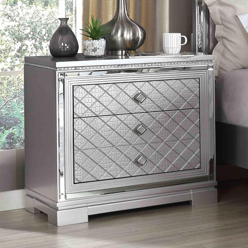 Glam Style finition argentée 1pc table de chevet cachée porte-bijoux port USB glissières à roulement à billes finition argentée