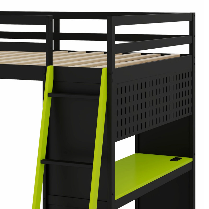 Structure de lit mezzanine en bois peu encombrante avec garde-robe intégrée, tablettes de rangement, rideaux occultants et lumières RVB