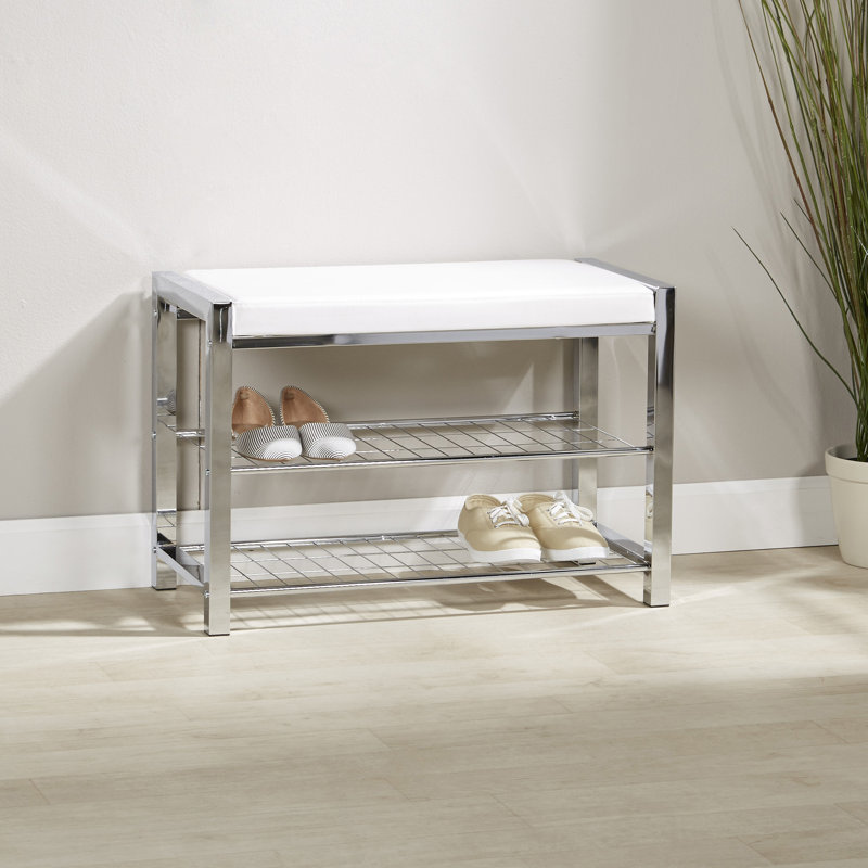 Banc de rangement pour chaussures rembourré en similicuir Chafic, Blanc / Chrome