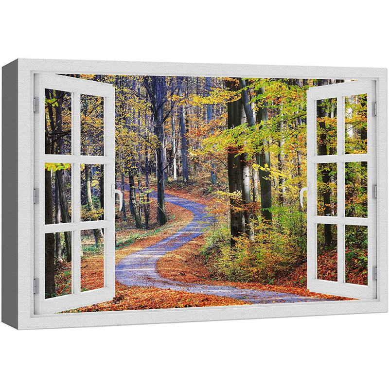 Automne, automne, reproduction d'art sur toile, fenêtre, vue, route, automne, arbre, forêt, nature, photographie, réalisme, paysage rustique, coloré, multicolore, décor pour le salon, la chambre à coucher, le bureau