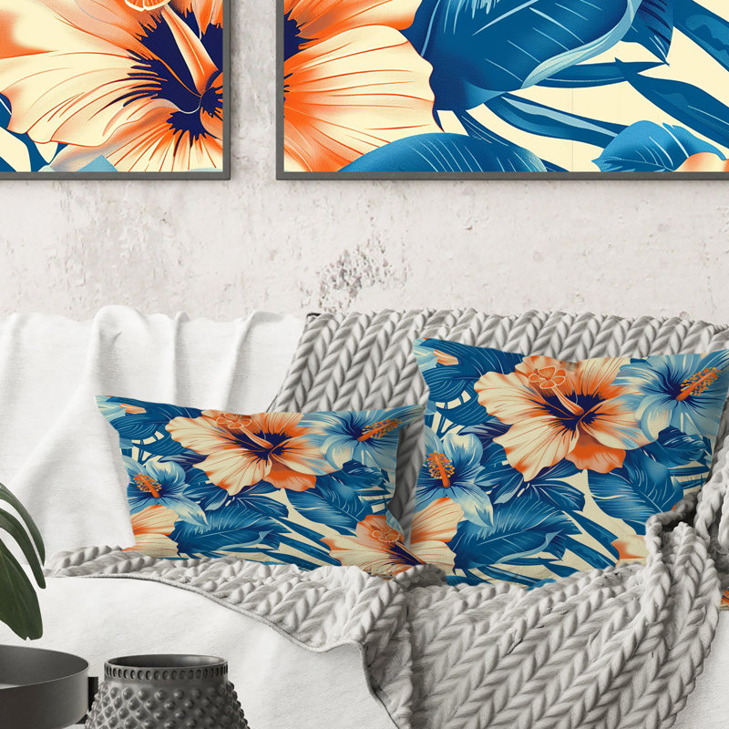 Coussin décoratif pêche tropicale bleu hibiscus - pêche tropicale, 16" x 16"