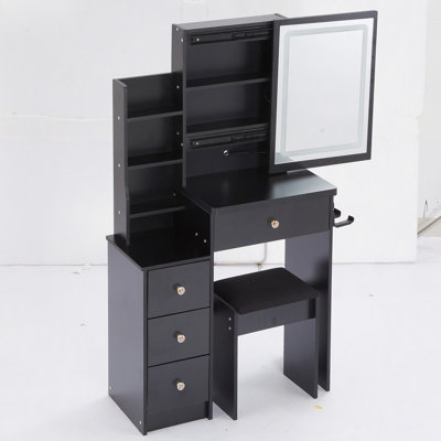 Petit meuble-lavabo 29,2 po avec tabouret de chevet + tabouret rembourré, 2 blocs d'alimentation AC + 2 USB, support pour séchoir à cheveux, très grand miroir à DEL coulissant à contrôle tactile, changement de couleur 3, EPA, GCC, certificat UL