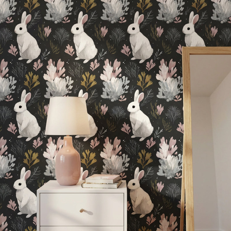Rabbit Wallpaper Botanical Dark Wall Mural, Peel and Stick
