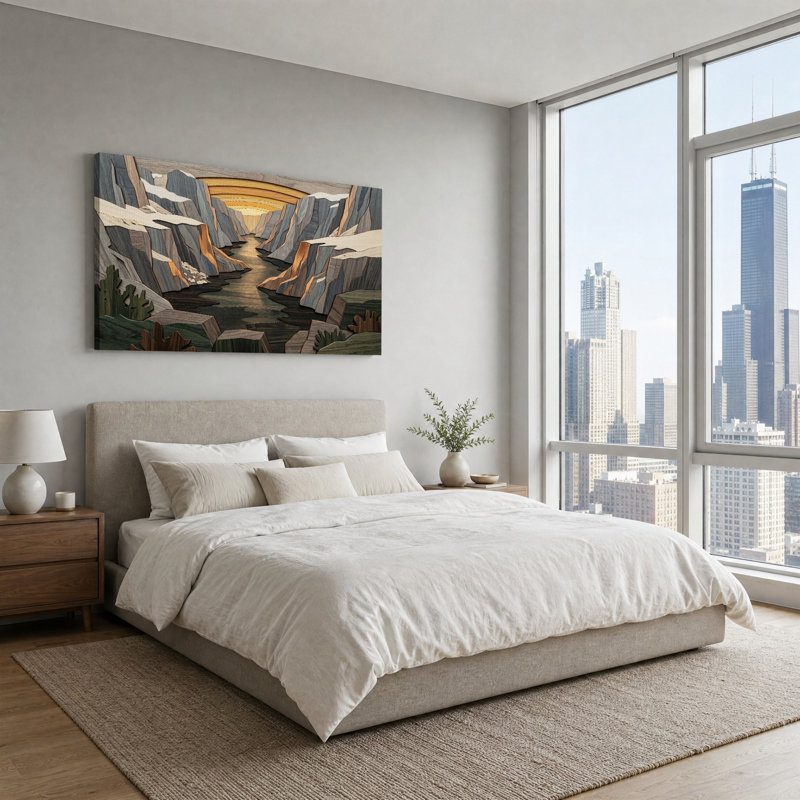 Tableau sur toile en bois superposé représentant un coucher de soleil sur une rivière dans un canyon, L 32 po x H 16 po