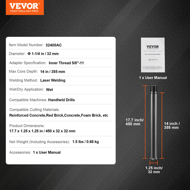 VEVOR Core Drill Bit,14" Drilling Depth Concrete Core Drill Bit, 5/8"-11 Inner Thread, Laser Welding