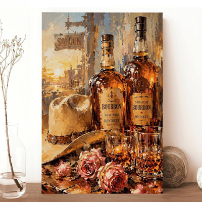 Canvas Wall Art Bourbon Whiskey Set With Cowboy Hat And Roses Vintage Poster Print Home Decor