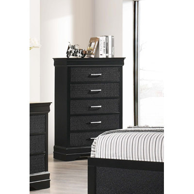 Mobilier de chambre à coucher à 5 tiroirs avec commode haute moderne à finition noire en bois massif à texture de crocodile en bois
