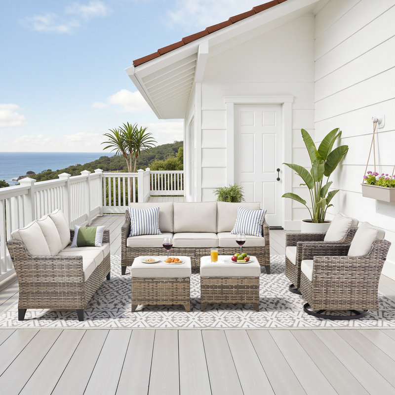 Outdoor Patio Furniture Set-6 Piece High Back Outdoor Furniture Set Sectional Sofa with Wicker Swivel Rocker Patio Chairs,Thick Cushions Ottomans for Porch Balcony Patio Deck Grey/Beige