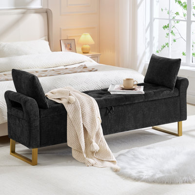 Banc de rangement pour lit très grand 67 po avec pieds et coussins dorés
