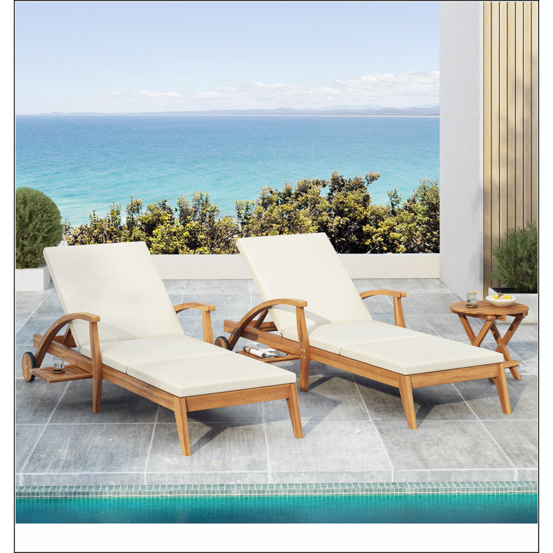 CHAISE LOUNGE WITH WHEEL - ACACIA WOOD RECLINER FOR PATIO/GARDEN, WITH 2INCH WHITE CUSHION, 4-POSITION ADJUSTABLE BACKREST, VERSATILE OUTDOOR FURNITURE