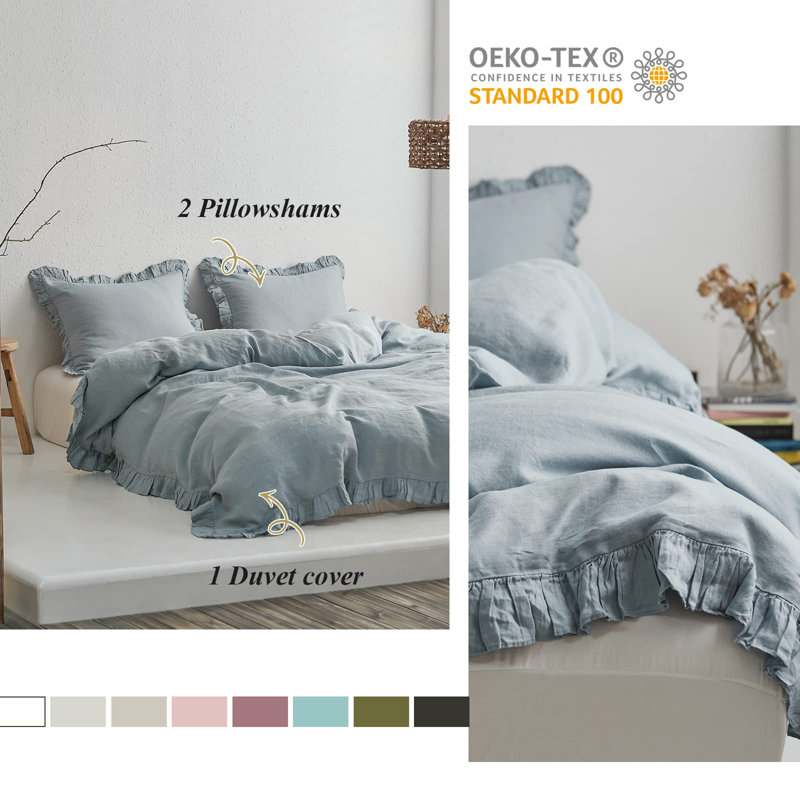 Dusty Blue King Size Linen Ruffled Duvet Cover Set