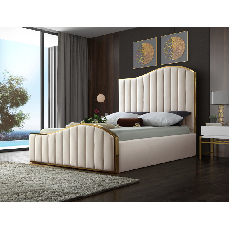 Lit plateforme tapissier Jolie, Très grand, Velours crème