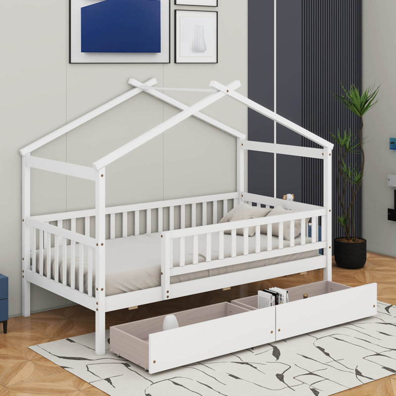 Lit double en bois avec tiroirs, Blanc