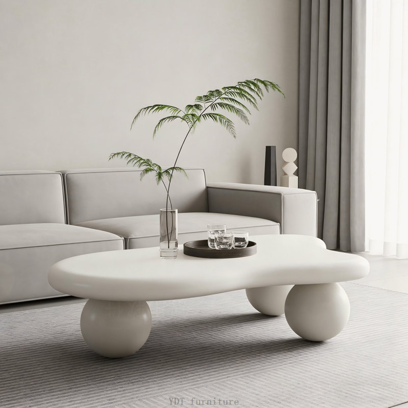 47 Inch Cloud Shaped Coffee Table with 3 Ball Legs, Cream White, Cream White-1, Cream White-1, 47"