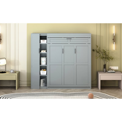 Lit double de couleur grise avec tablettes, garde-robe et lumières à DEL pour économiser de l'espace, garde-robe - Beauté