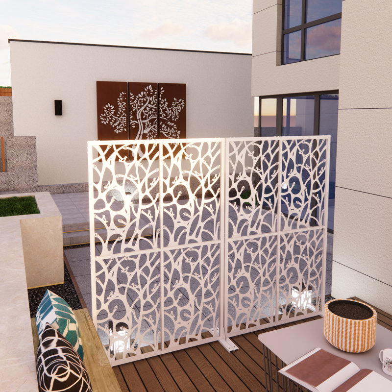 Cloison d'intimité en métal avec écran d'intimité autoportant pour terrasse et jardin en forme d'oiseau blanc W3,8Ft X H6ft