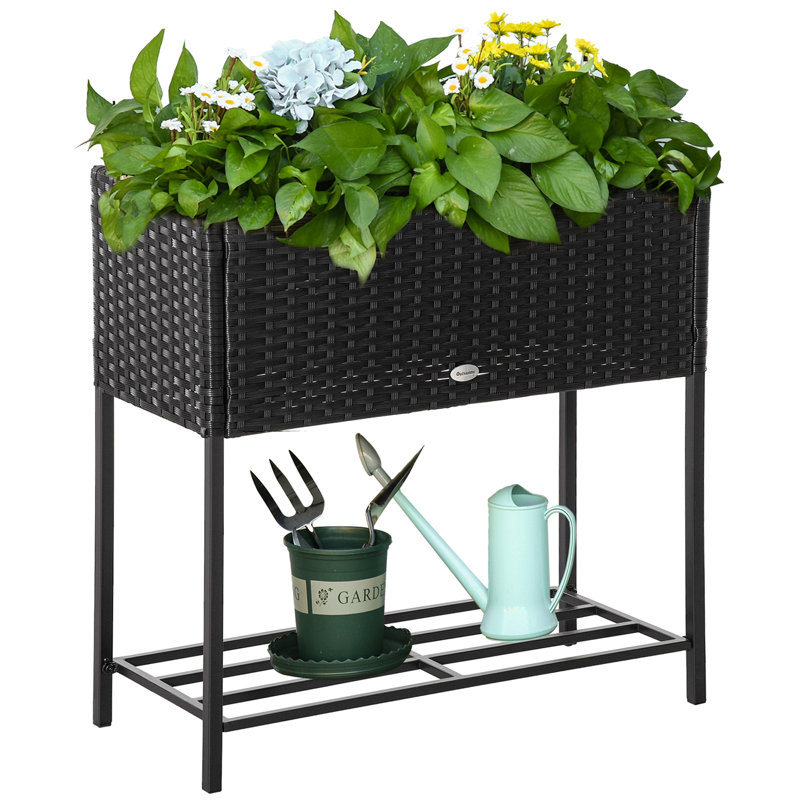 Outsunny Raised Garden Bed, Elevated Planter Box With Rattan Wicker Look, Tool Storage Shelf, Portable Design For Herbs, Vegetables, Flowers
