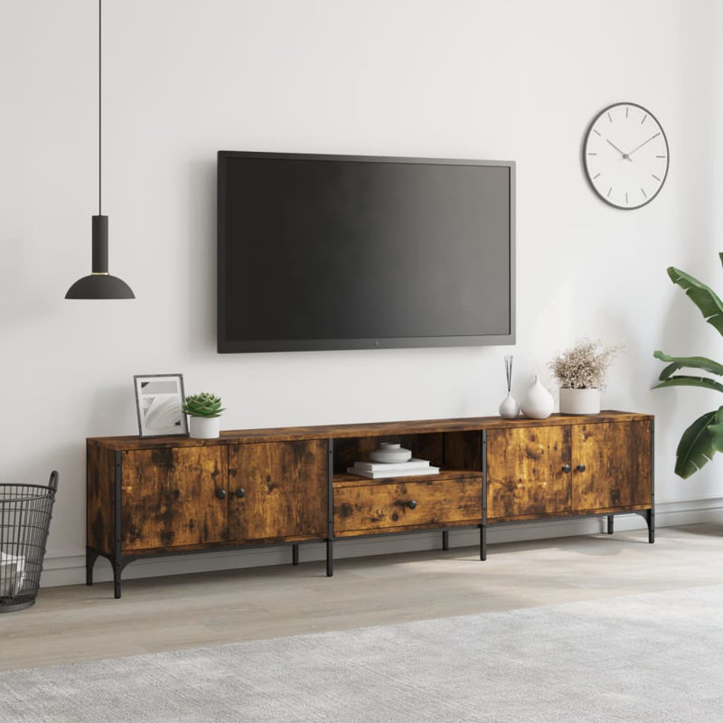 Osayande Unfinished TV Stand for TVs up to 88" with Fireplace Included, Smoked Oak