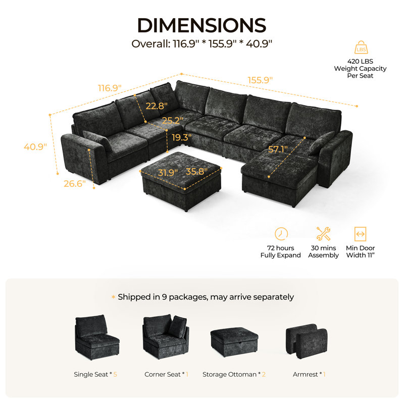 Canapé modulaire surdimensionné pour 8 personnes avec rangement, canapé-lit modulaire en chenille convertible profond, housses pour animaux de compagnie lavables avec 2 repose-pieds