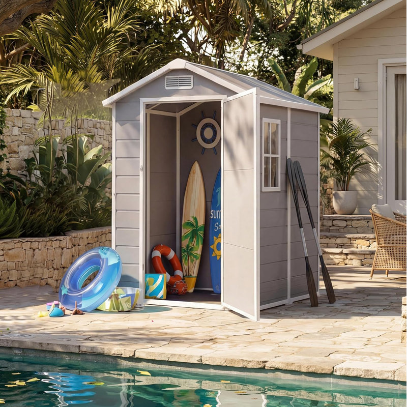 4x6 FT Waterproof Plastic Outdoor Storage Shed with Floor, Window, Lockable Door, Two Vents and Sloped Roof for Backyard Tools