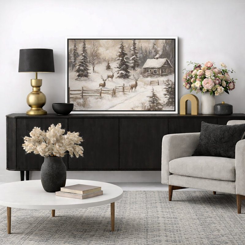 Hiver, campagne rustique, Noël, cerf, pin, forêt, décor de vacances, impression sur toile encadrée, Cadre flottant blanc