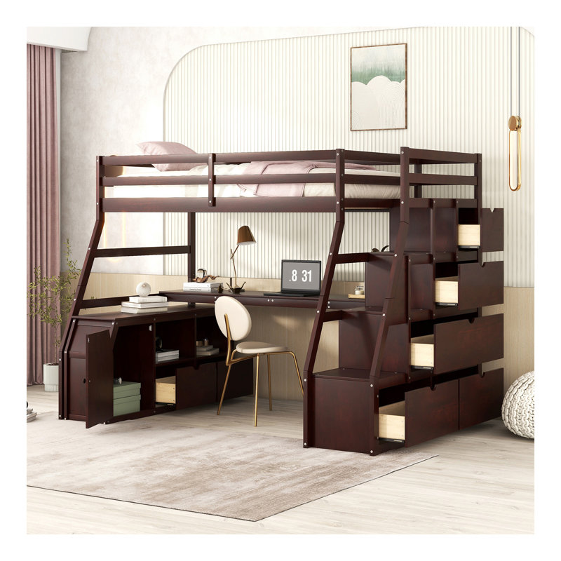 Lit mezzanine simple avec 7 tiroirs, 2 tablettes et bureau - Espresso, Lit simple, Espresso
