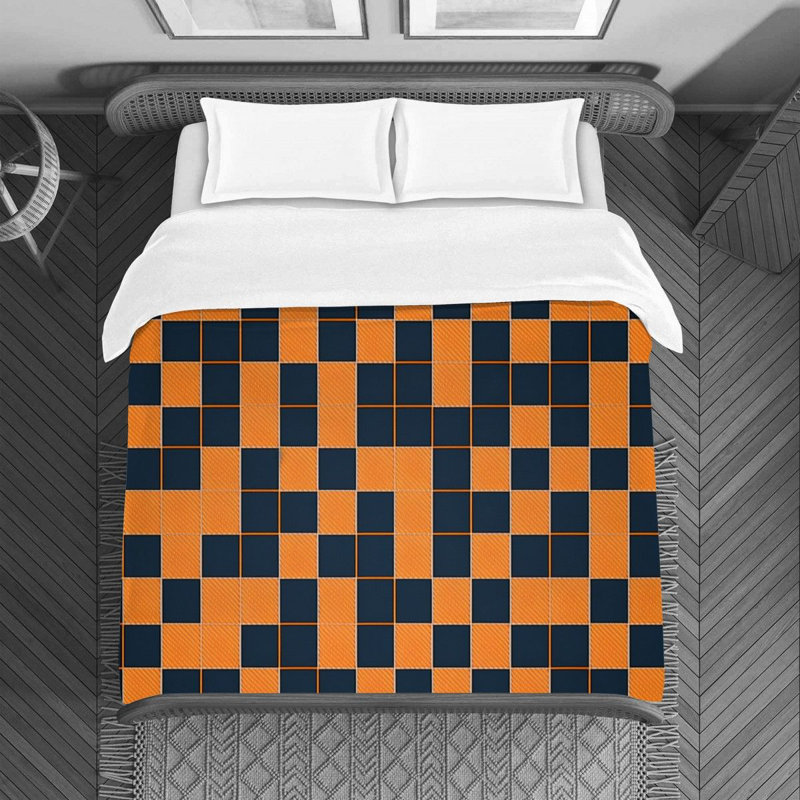 Housse de couette , Housse de couette pour lit simple, Bleu marine / damier orange
