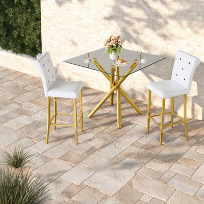 Luxurious Modern Patio Bar Set, Glass Table With Gold Metal, Stylish Small Space Solution