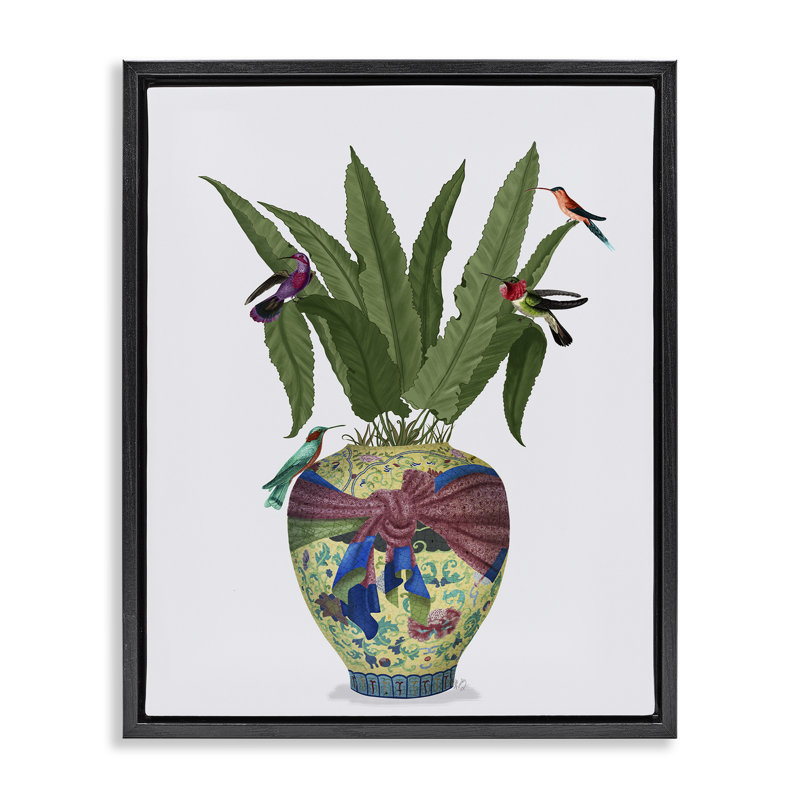 Art mural sur toile flottant, "Traditional Birds on Planter" par Fab Funky, H 21 po x l 17 po, Cadre flottant noir de jais