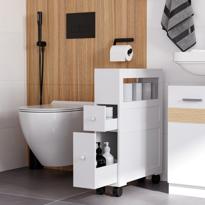 White Narrow Bathroom Shelf Cabinet With Locking Wheels And Storage Slim Compartments
